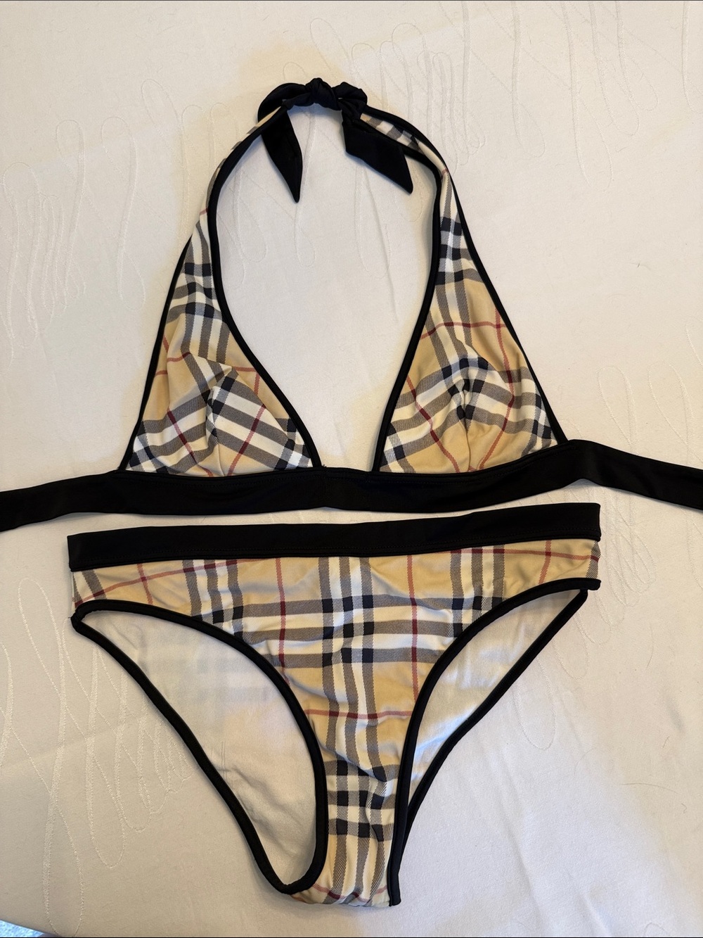 Burberry Beige Plaid Halter Bikini with Black Trim